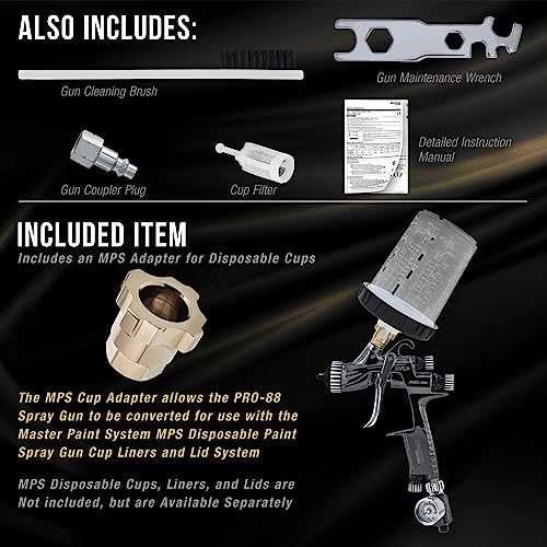 Master Airbrush Master Elite Performance PRO-88 Series HVLP Spray Gun Ultimate Kit with 3 Fluid Tip Sets 1.3, 1.4 and 1.8mm and Air Pressure Regulator Gauge, MPS Cup Adapter - Automotive Basecoats, Clearcoats - Image 4