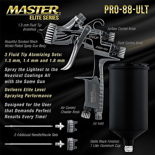 Master Airbrush Master Elite Performance PRO-88 Series HVLP Spray Gun Ultimate Kit with 3 Fluid Tip Sets 1.3, 1.4 and 1.8mm and Air Pressure Regulator Gauge, MPS Cup Adapter - Automotive Basecoats, Clearcoats - Image 3