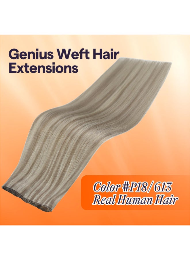 Full Shine Genius Weft Hair Extension Remy Hair Weft Extensions For Women Color Ash Blonde Highlight Bleach Blonde Hand Tied Weft Human Hair Extensions 16 Inch 50G Human Hair - Image 4