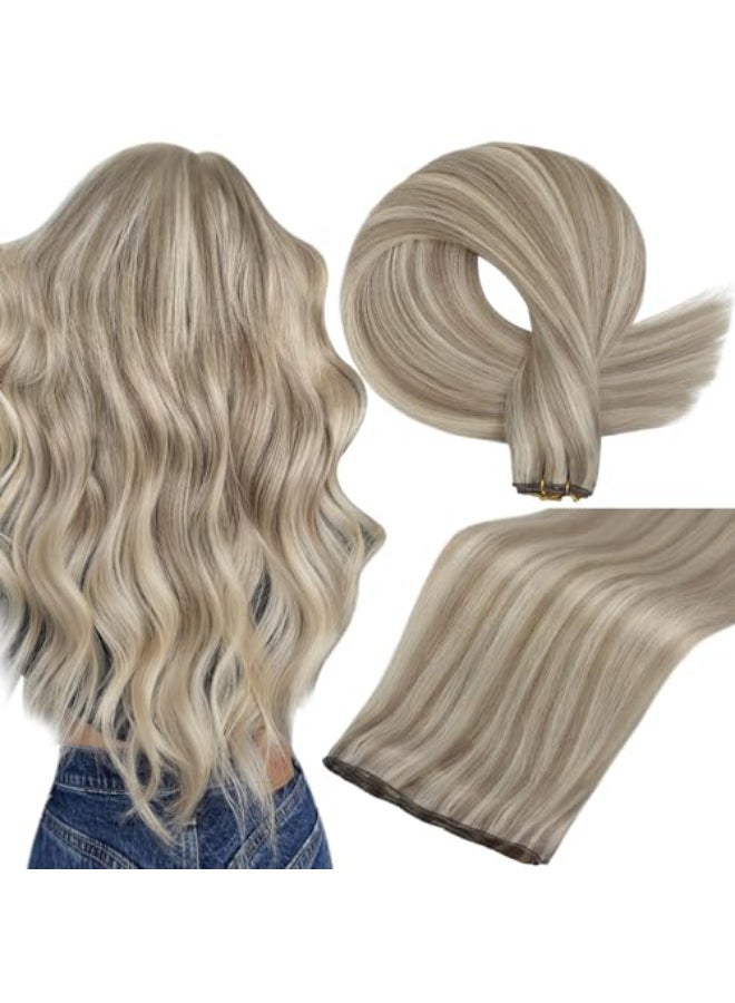 Full Shine Genius Weft Hair Extension Remy Hair Weft Extensions For Women Color Ash Blonde Highlight Bleach Blonde Hand Tied Weft Human Hair Extensions 16 Inch 50G Human Hair - Image 1