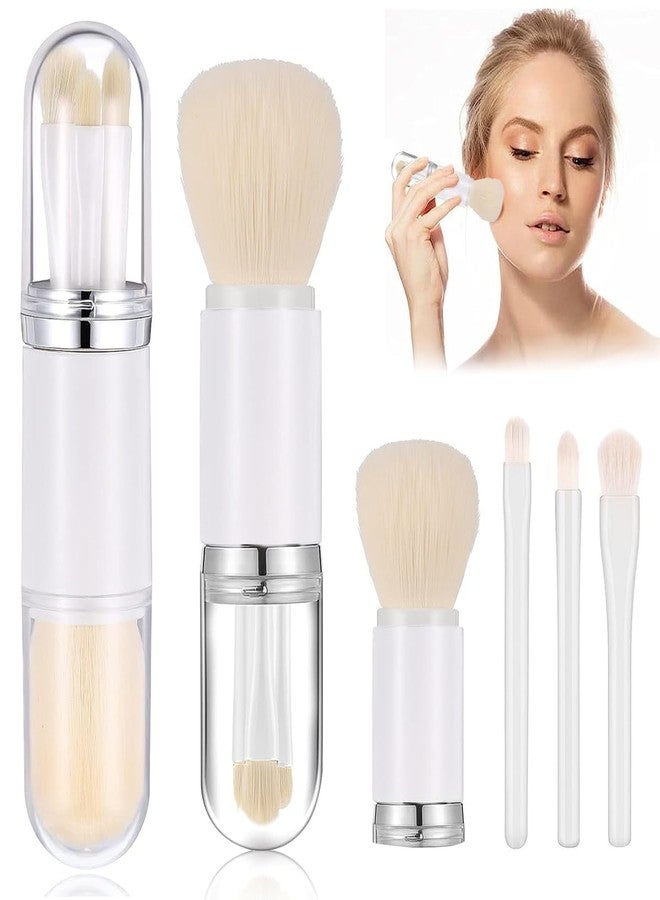 SKINPLUS Makeup Brush Set 4 in 1 Portable Travel Blending Powder Foundation Brush, Lip Brush, Highlight Brush, Eyeshadow Brush, Retractable Mini Facial Cosmetic Brush Kit (White) - Image 1