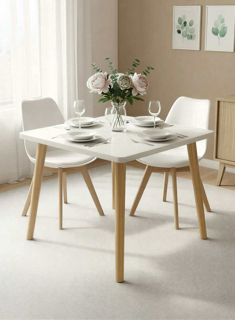 Taimi 3-Piece Dining Set, Modern Square Dining Table with 2 Elegant Chairs | Solid White Wood Table 80x80x72cm with 2 White Mid Century Soft Padded Seats and Wooden Legs - Image 2