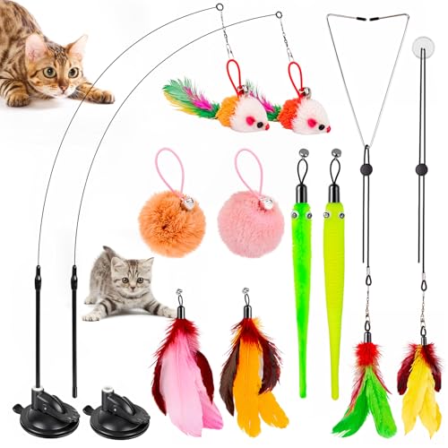 HOSFROLL Cat Toys 2 Pack 3 in 1 Interactive Cat Toy for Indoor Cats with Sticky Super Suction Cup Detachable 10 Pcs Replacements Feathers Balls Mice 2 Wand Hanging Door Kitten Toys - Image 1