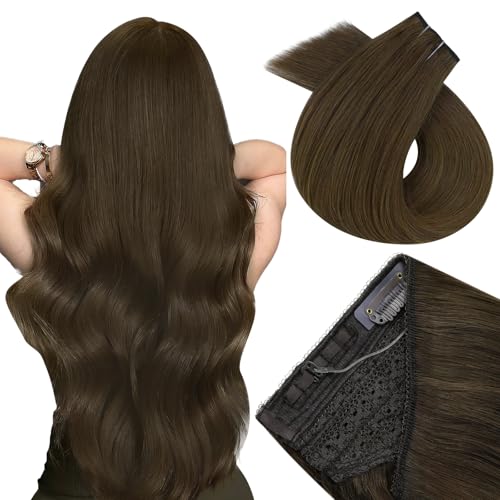 Easyouth Wire Hair Extensions Brown Human Hair Wire Extensions Medium Brown Human Hair Fish Line Extension 80g 18 Inch Invisible Wire Hair Extension Easy to Put on - Image 2