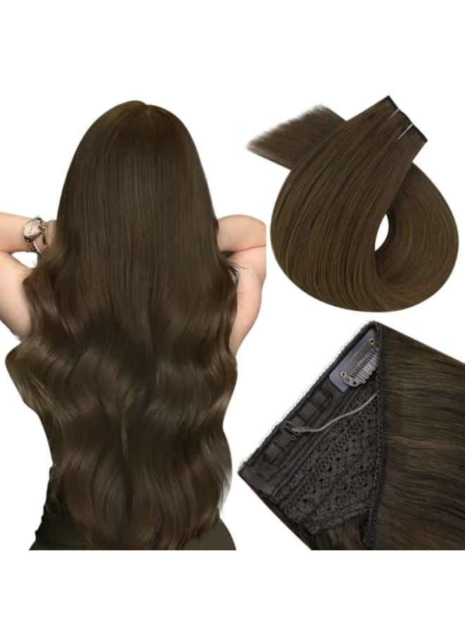 Easyouth Wire Hair Extensions Brown Human Hair Wire Extensions Medium Brown Human Hair Fish Line Extension 80g 18 Inch Invisible Wire Hair Extension Easy to Put on - Image 1
