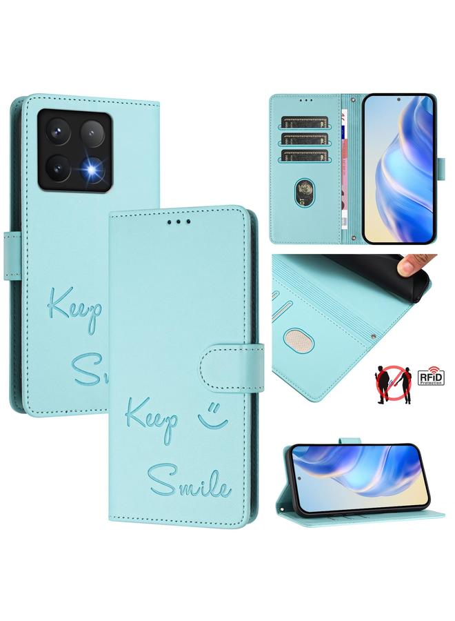 Zaboon For Xiaomi 14T Smile Embossing RFID Leather Phone Case(Mint Green)