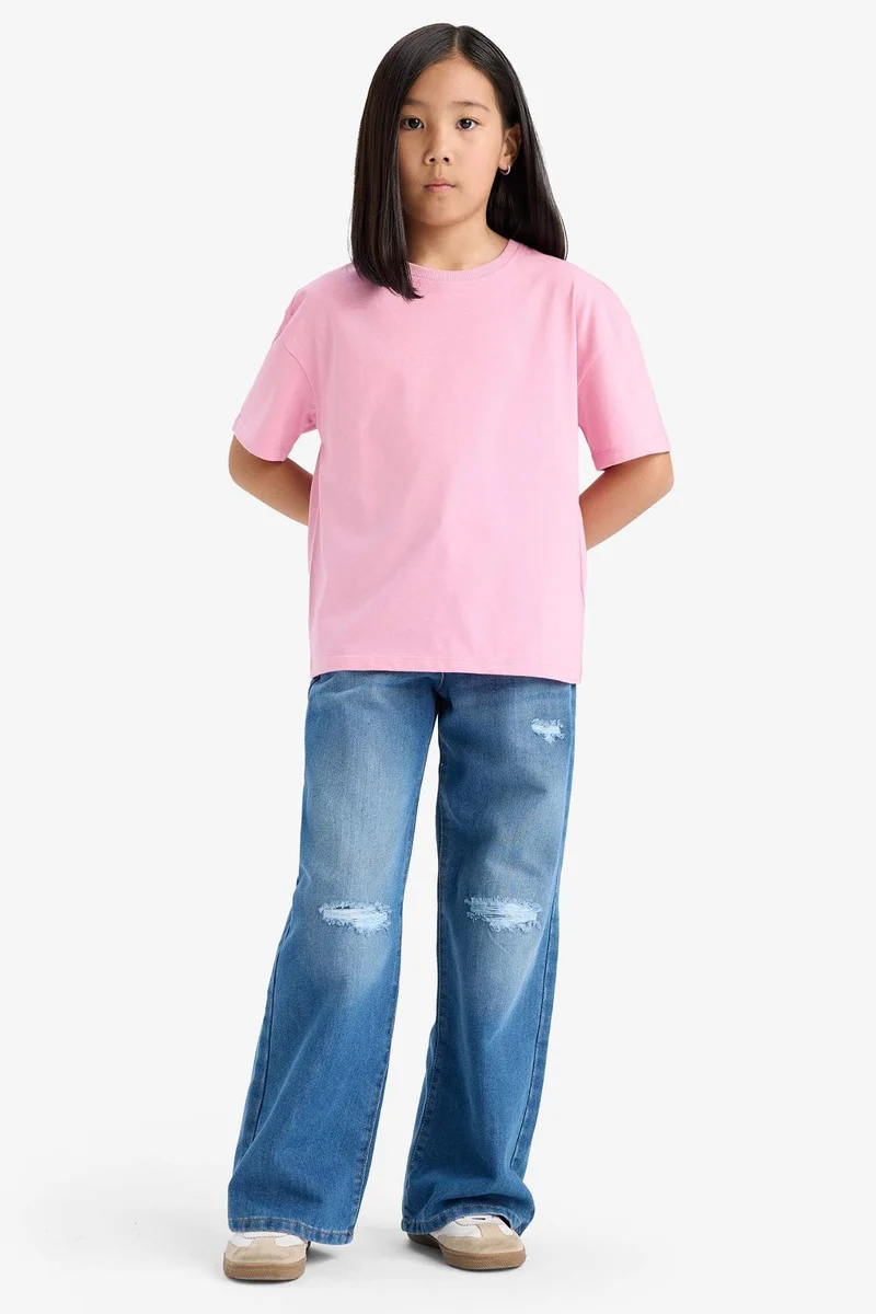 ديفاكتو Girl Relax Fit Crew Neck Slogan Printed T-Shirt
