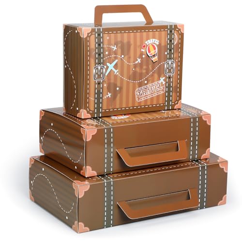 Weekgrat 6 Pcs Large Vintage Travel Suitcase Box Travel Party Decorations Paperboard Suitcases Gift Box Decorative Set of 3 Small Stackable Storage Chests Decor for Themed Party FavorsJourneyBrown - Image 1