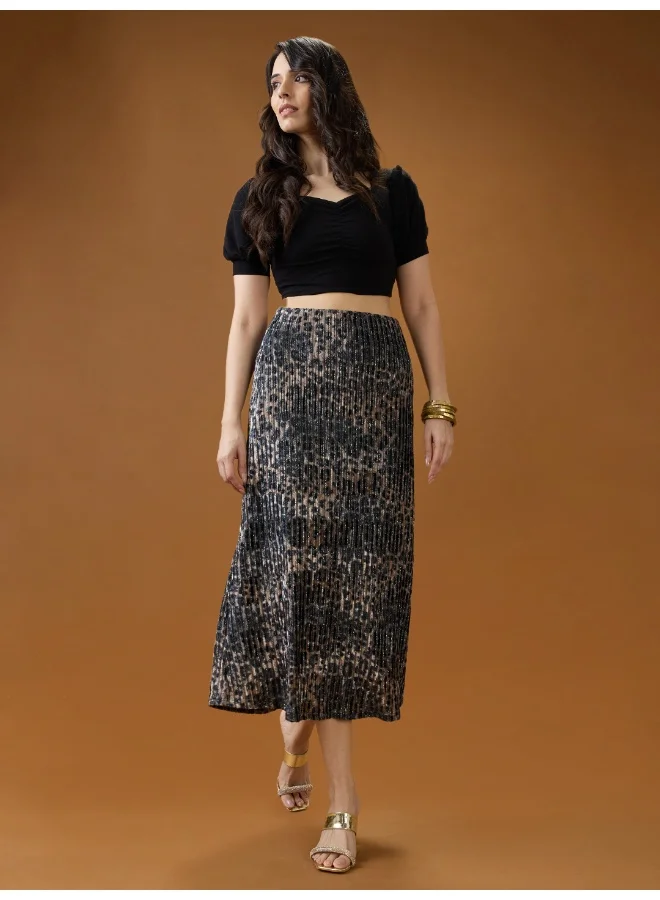 جلو باص Globus Women Black Lurex Pleated Leopard Print Shimmer Detailing Mid-Rise A-Line Midi Skirt