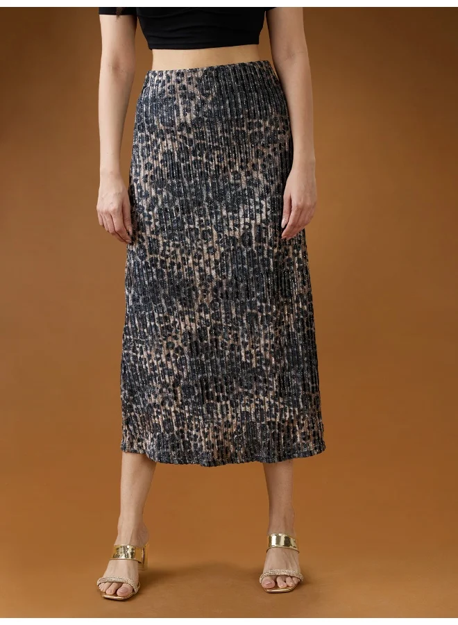 جلو باص Globus Women Black Lurex Pleated Leopard Print Shimmer Detailing Mid-Rise A-Line Midi Skirt