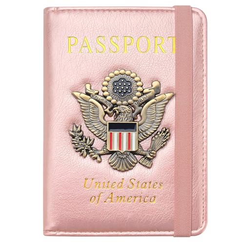 FACATH Passport Holder for Travel Passport Cover for Men Passport Wallet Case with Metal Badge Protector Leather Card Case RFID Blocking Women Travel Accessories Document Organizer (Rose Gold) - Image 1