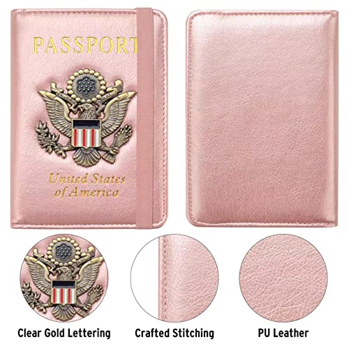 FACATH Passport Holder for Travel Passport Cover for Men Passport Wallet Case with Metal Badge Protector Leather Card Case RFID Blocking Women Travel Accessories Document Organizer (Rose Gold) - Image 4