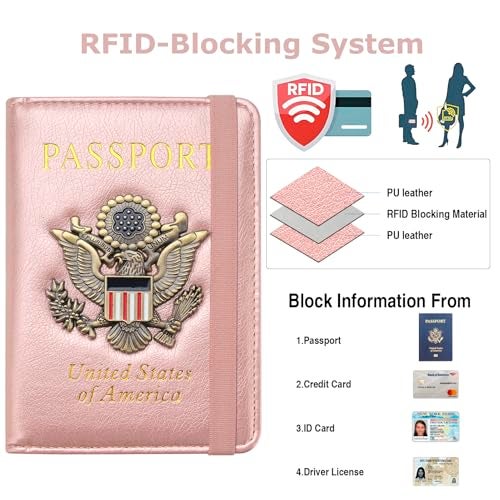 FACATH Passport Holder for Travel Passport Cover for Men Passport Wallet Case with Metal Badge Protector Leather Card Case RFID Blocking Women Travel Accessories Document Organizer (Rose Gold) - Image 2