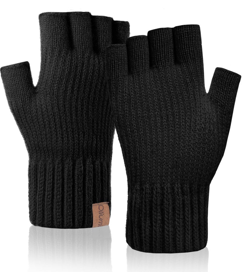 Oliumt Winter Half Finger Gloves Knitted Fingerless Mittens Warm Stretchy Gloves for Men and Women (black, one size) - Image 1