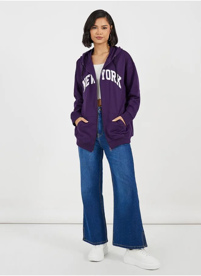 Styli Oversized Zip Through New York Print Hoodie