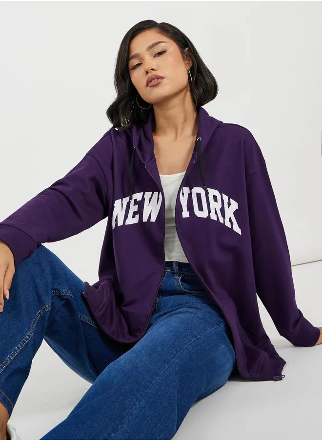 Styli Oversized Zip Through New York Print Hoodie