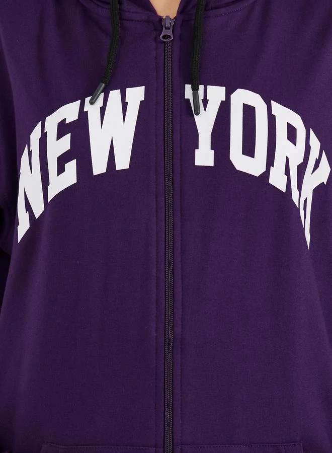 Styli Oversized Zip Through New York Print Hoodie
