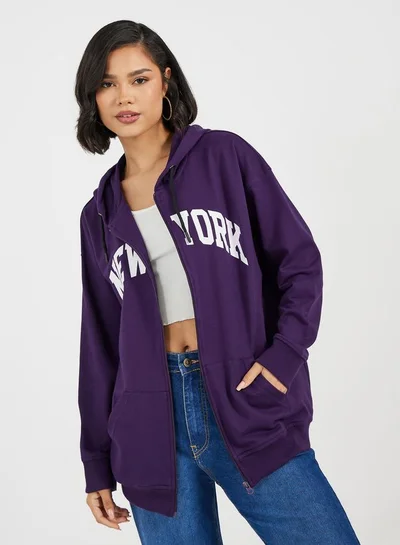 Styli Oversized Zip Through New York Print Hoodie