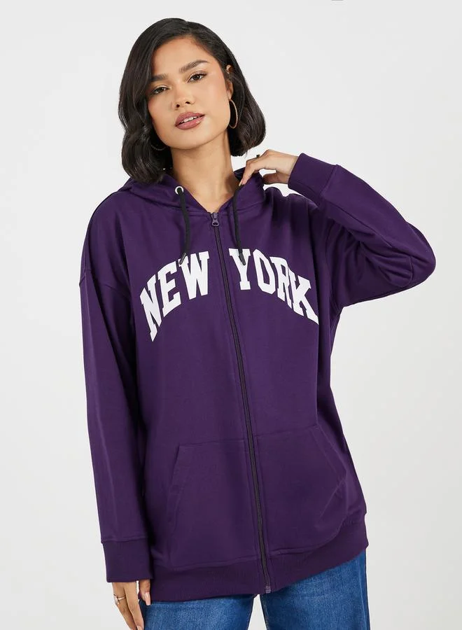 Styli Oversized Zip Through New York Print Hoodie