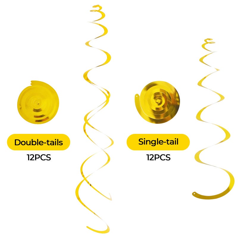 PatiCool 24 PCS Gold Foil Hanging Swirl,Sparkle Ceiling Hanging Decorations, Plastic Streamer Party Decorations,Swirl Decorations with Double-Swirls and Single-Swirls for Birthday,New Year,Graduation - Image 2