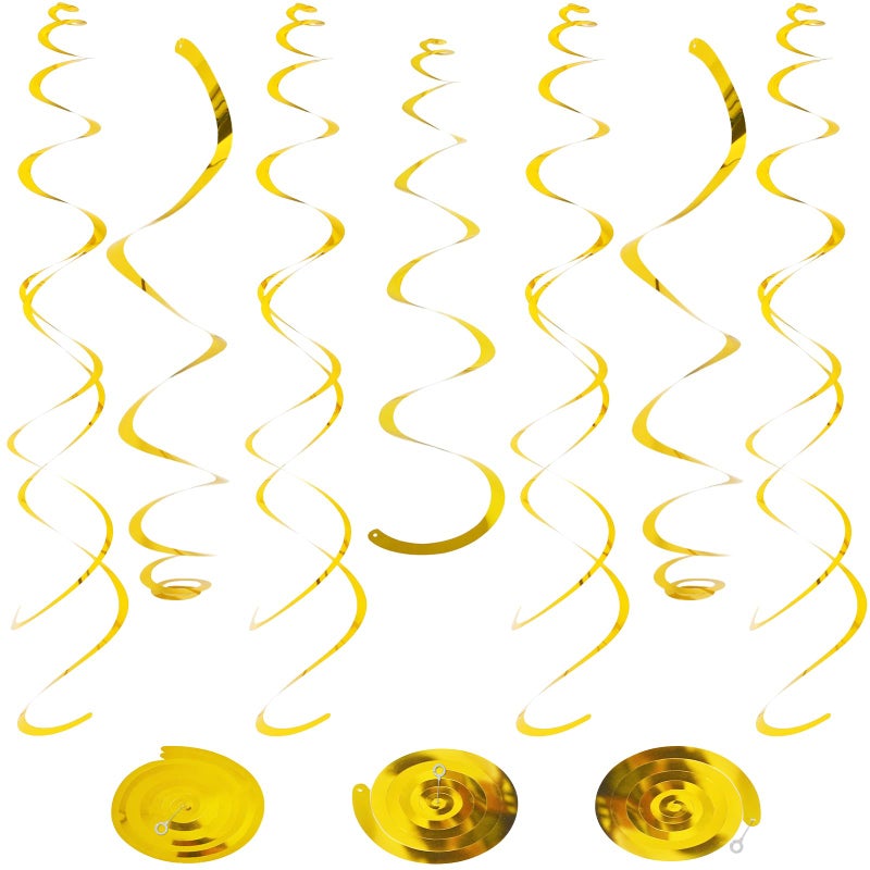 PatiCool 24 PCS Gold Foil Hanging Swirl,Sparkle Ceiling Hanging Decorations, Plastic Streamer Party Decorations,Swirl Decorations with Double-Swirls and Single-Swirls for Birthday,New Year,Graduation - Image 1