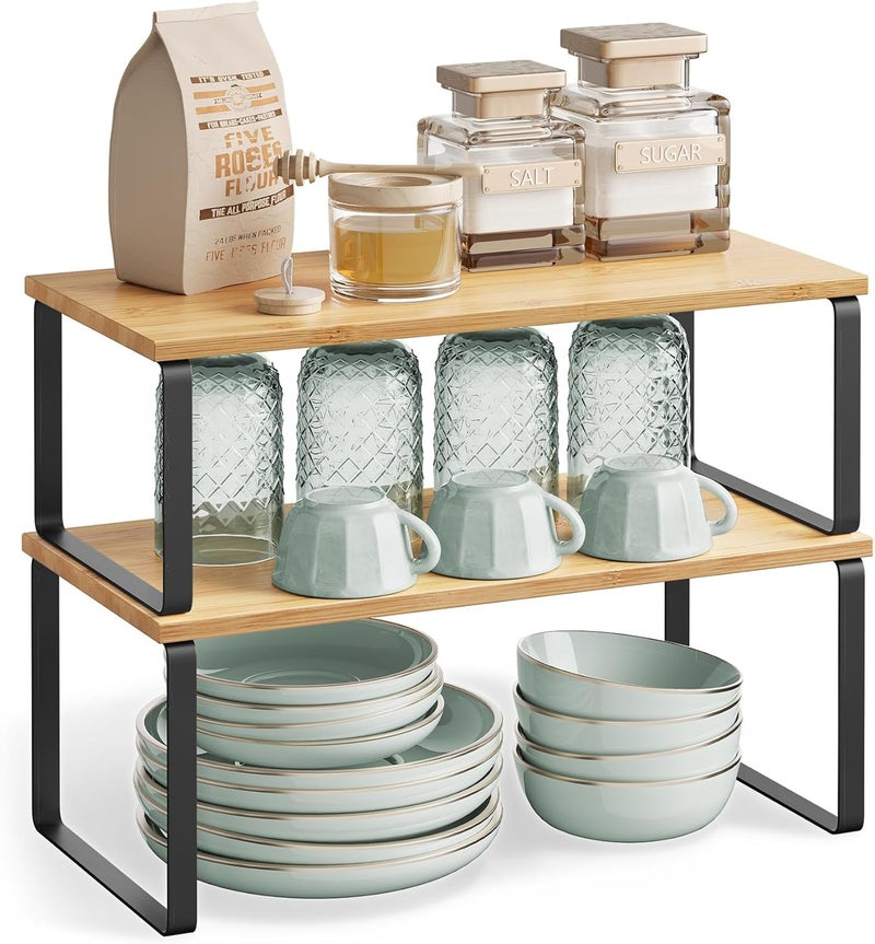 Decorlay Metal & Wooden Free Standing Shelf Organizer Bathroom Kitchen Counter Top Shelves, Spice Rack for Pantry Dressing Cabinet Office Table Area (Black + Beech) - Image 1