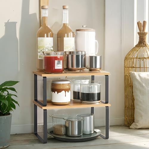 Decorlay Metal & Wooden Free Standing Shelf Organizer Bathroom Kitchen Counter Top Shelves, Spice Rack for Pantry Dressing Cabinet Office Table Area (Black + Beech) - Image 4
