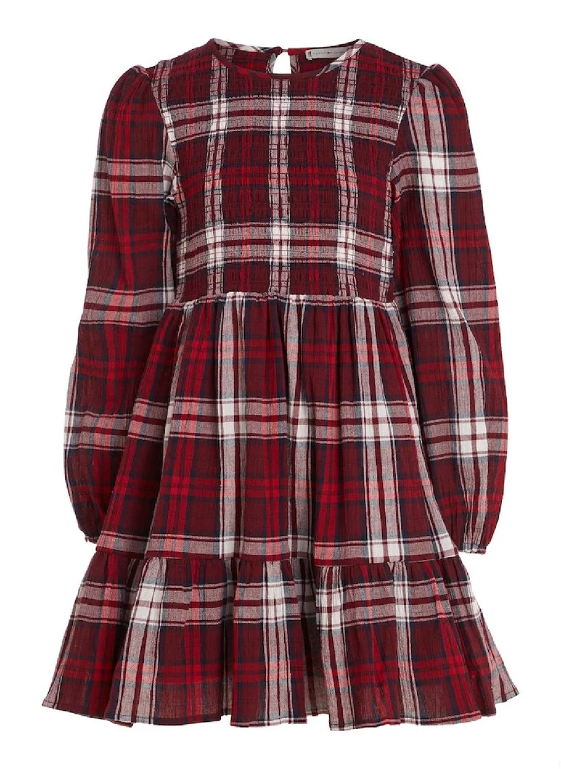 تومي هيلفيغر Girls' Long Sleeve Tartan Dress - Cotton, Red