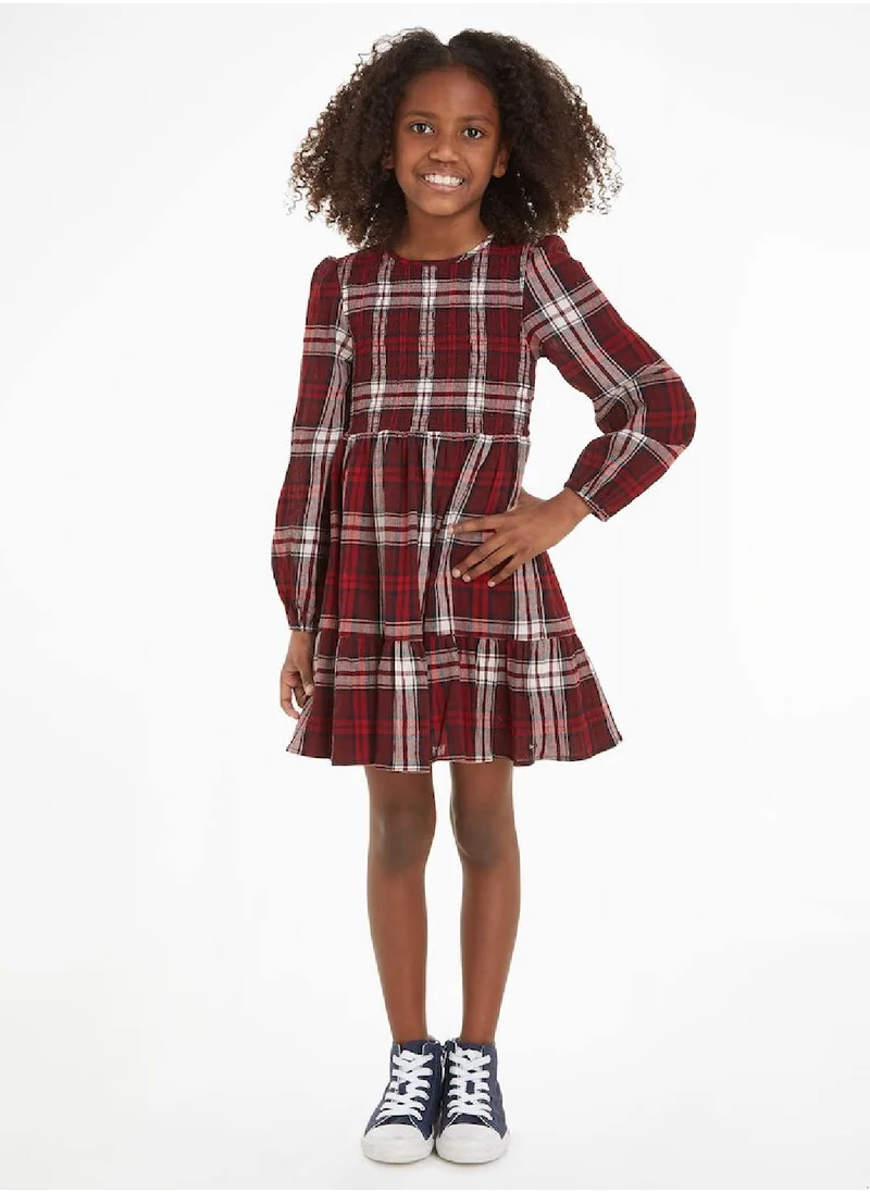 تومي هيلفيغر Girls' Long Sleeve Tartan Dress - Cotton, Red