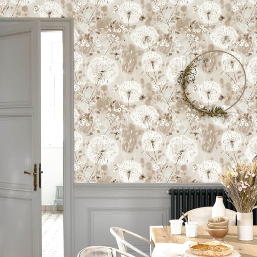 Nukofal Flora Peel and Stick Wallpaper Dandelion Wallpaper Floral Contact Paper 16.9"x118.1" Vintage Brown Wall Paper Peel and Stick Boho Self Adhesive Removable for Cabinet Bedroom Decor Vinyl - Image 3