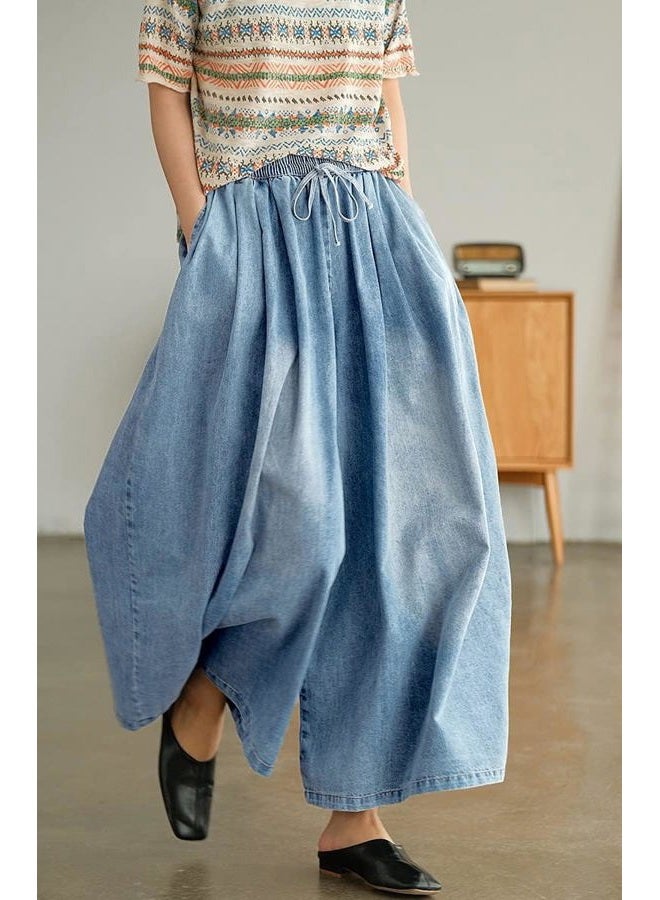 UQJE Women's Wide Leg Baggy Jeans Plus Size Loose Elastic Waist Denim Pants with Deep Pockets Light Blue, Light Blue, X-Large - Image 2