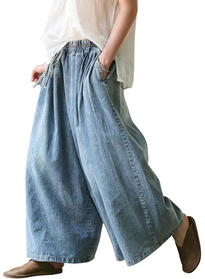 UQJE Women's Wide Leg Baggy Jeans Plus Size Loose Elastic Waist Denim Pants with Deep Pockets Light Blue, Light Blue, X-Large - Image 1