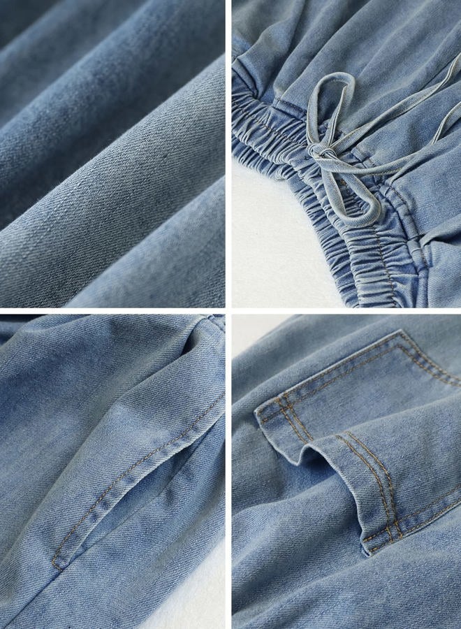 UQJE Women's Wide Leg Baggy Jeans Plus Size Loose Elastic Waist Denim Pants with Deep Pockets Light Blue, Light Blue, X-Large - Image 5