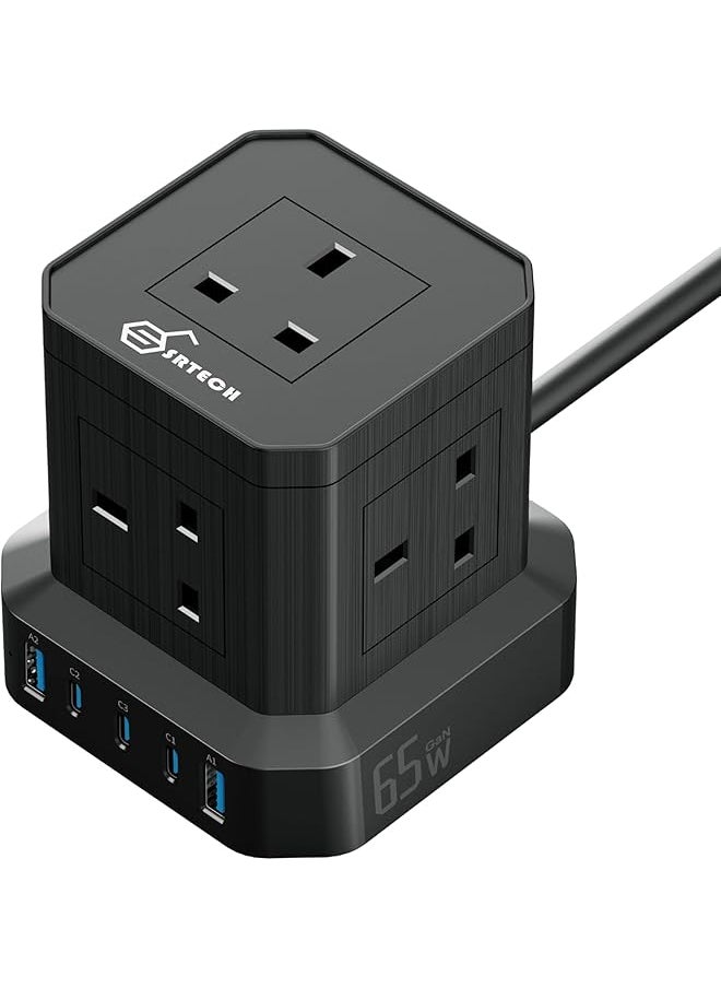 SRTECH SRTECH, Power Strip, 5 WAY Plug extension Cord - Power Extension socket with multi Charging stations, Cube design, 3 USB C Fast Charging, 2 USB A, 1-Year warranty (Black, 2 Meters Cord)  - Image 1