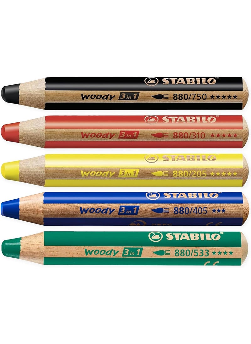 STABILO STABILO Multitalented Pencil woody 3in1  Box of 5  Red Yellow Dark Green Blue  Black  Sharpener  - Image 1