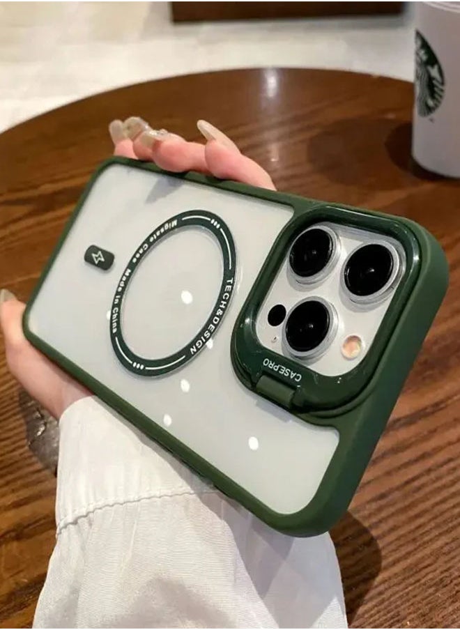 Generic - Transparent Magnetic Case for iPhone 14 With Luxury Lens Fold Bracket Metal Stand Magsafe Cover for iPhone 14 - Green - Image 1