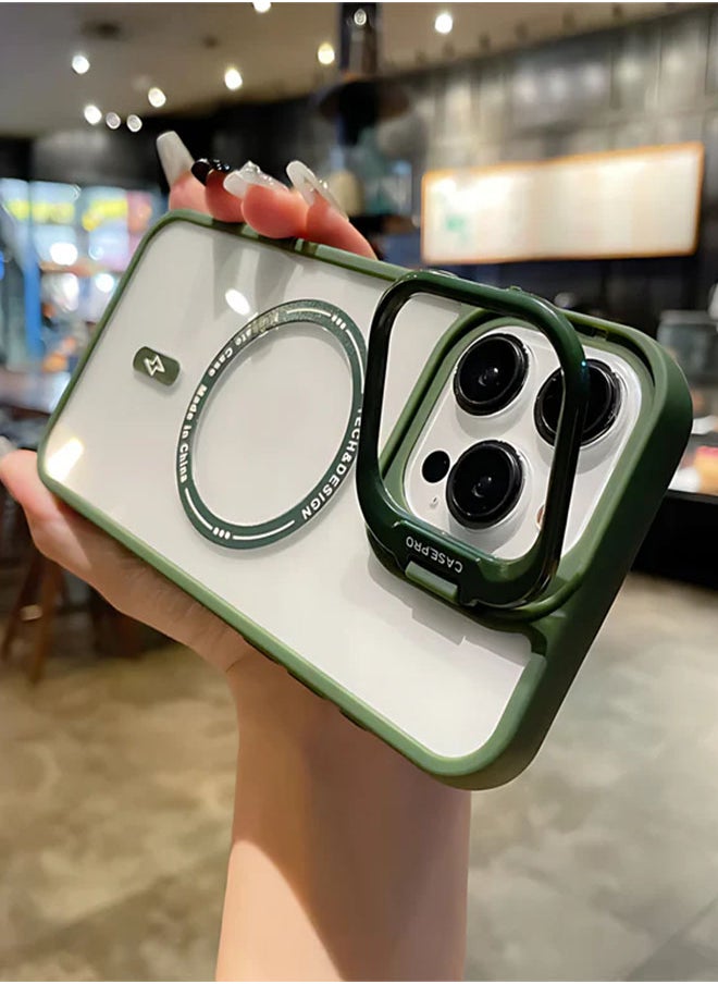 Generic - Transparent Magnetic Case for iPhone 14 With Luxury Lens Fold Bracket Metal Stand Magsafe Cover for iPhone 14 - Green - Image 1