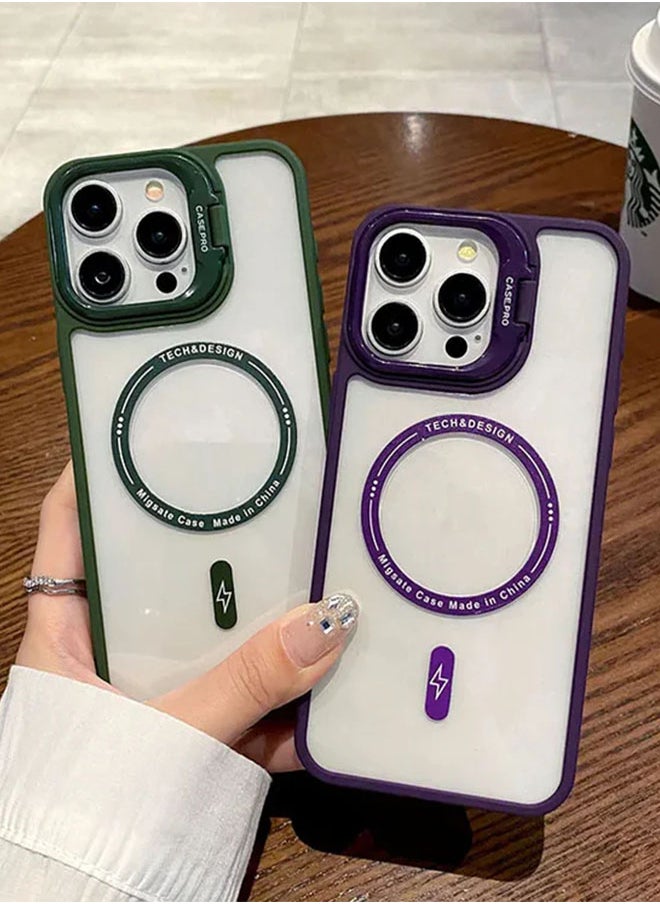Generic - Transparent Magnetic Case for iPhone 14 With Luxury Lens Fold Bracket Metal Stand Magsafe Cover for iPhone 14 - Green - Image 1