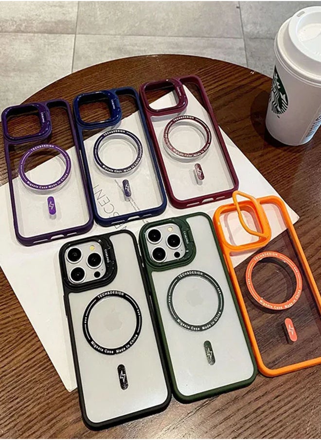 Generic - Transparent Magnetic Case for iPhone 14 With Luxury Lens Fold Bracket Metal Stand Magsafe Cover for iPhone 14 - Green - Image 1