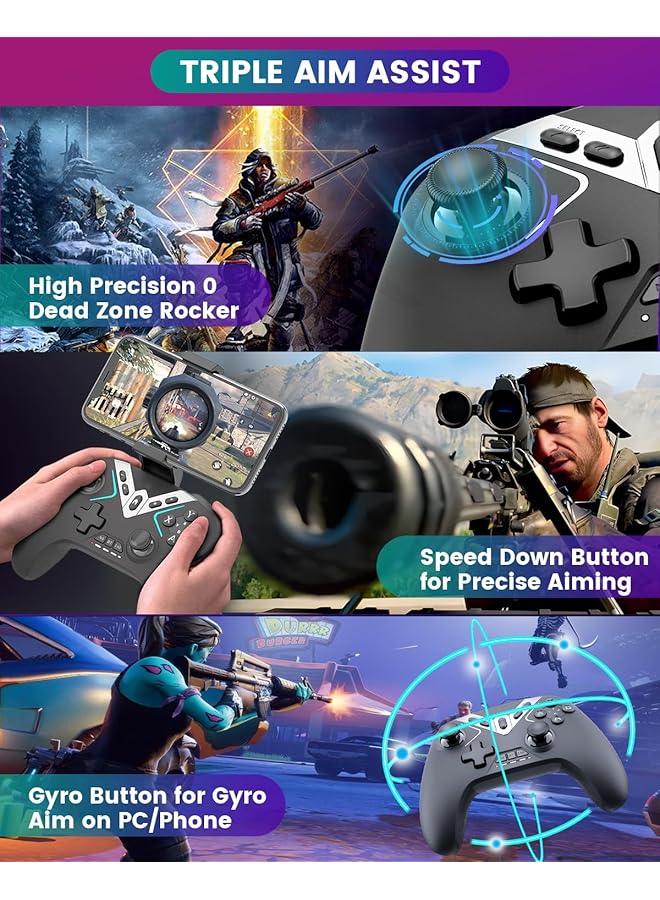 KASTWAVE Bluetooth Controller For Windows Pc/Iphone/Android/Switch/Steam Os/Tv 2.4G Wireless Game Controller With Usb Dongle&Phone Clip With Hall Trigger/2 Triggers/Macro/Joystick Speed Down/Gyro Aim/Motors  - Image 4