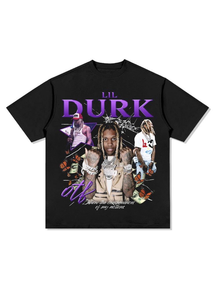 retro hip hop lil durk printed short-sleeved T-shirt Vintage washed heavy small neckline round neck pure cotton - Image 4