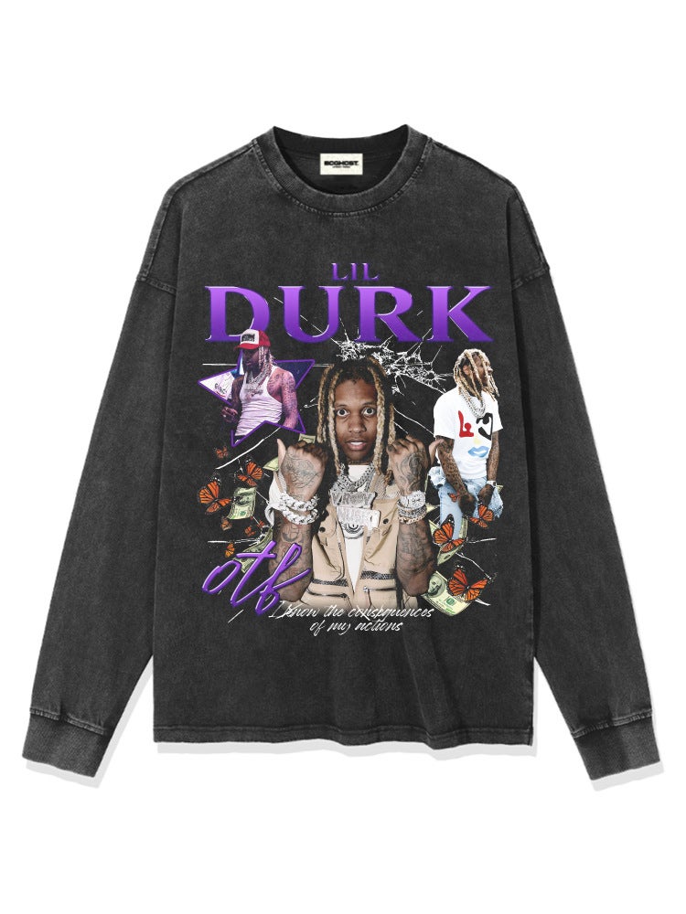 retro hip hop lil durk printed short-sleeved T-shirt Vintage washed heavy small neckline round neck pure cotton - Image 5