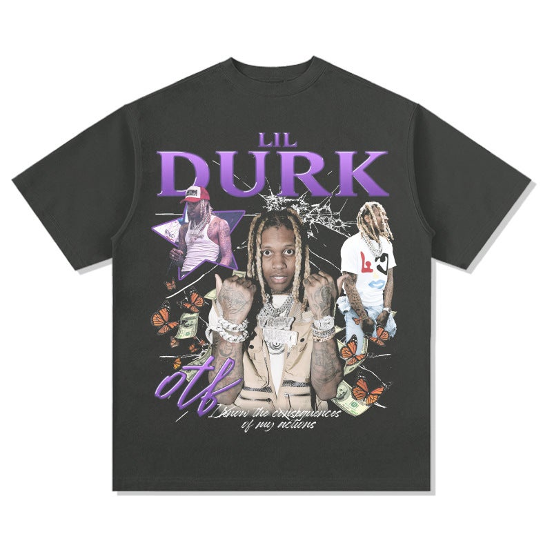 retro hip hop lil durk printed short-sleeved T-shirt Vintage washed heavy small neckline round neck pure cotton - Image 1