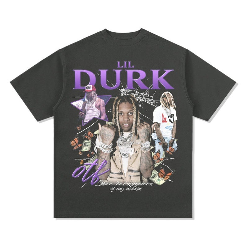 retro hip hop lil durk printed short-sleeved T-shirt Vintage washed heavy small neckline round neck pure cotton - Image 2