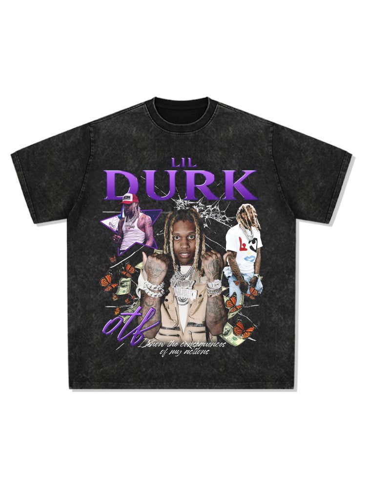 retro hip hop lil durk printed short-sleeved T-shirt Vintage washed heavy small neckline round neck pure cotton - Image 3