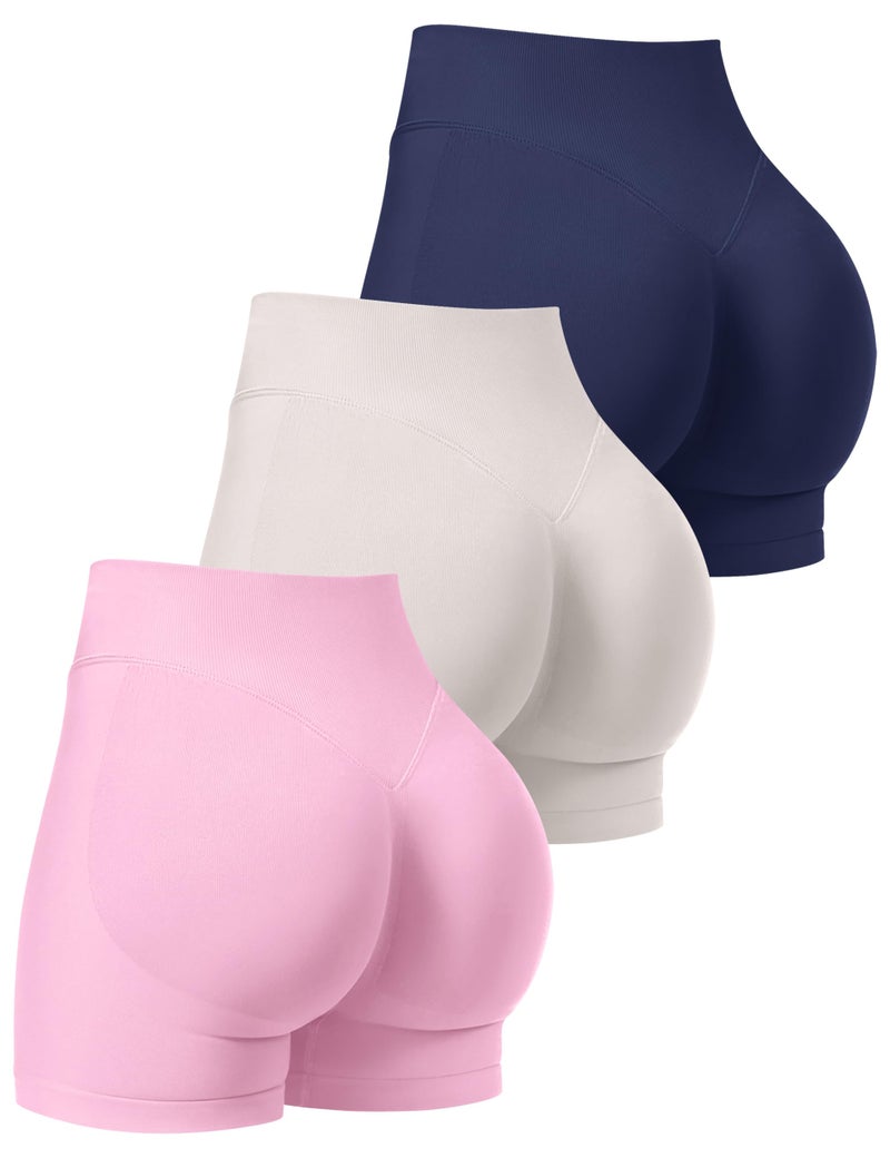 OLCHEE Womens Workout Shorts Seamless Scrunch Butt Lifting 3 Pack Yoga Gym Athletic High Waisted Tummy Control Booty 4.1" Inseam - Navy Beige Light Pink Large - Image 1