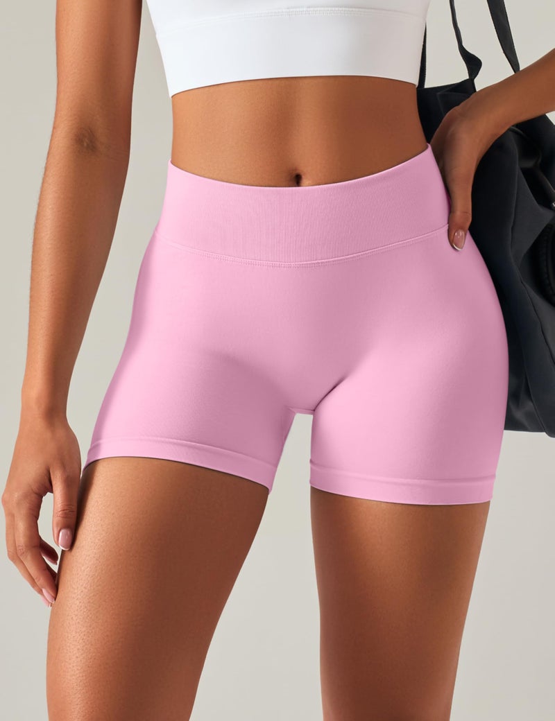 OLCHEE Womens Workout Shorts Seamless Scrunch Butt Lifting 3 Pack Yoga Gym Athletic High Waisted Tummy Control Booty 4.1" Inseam - Navy Beige Light Pink Large - Image 2