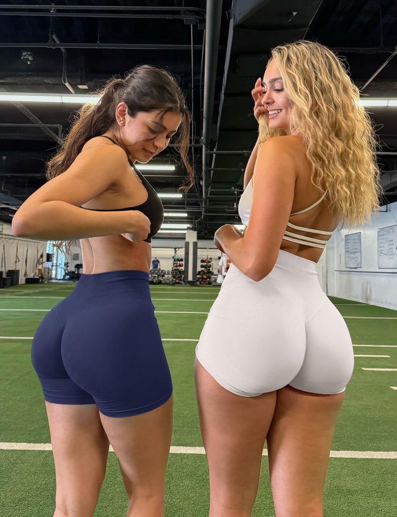 OLCHEE Womens Workout Shorts Seamless Scrunch Butt Lifting 3 Pack Yoga Gym Athletic High Waisted Tummy Control Booty 4.1" Inseam - Navy Beige Light Pink Large - Image 4