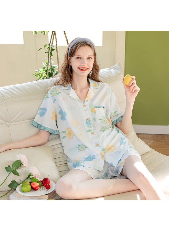 Fenton Fenteng Women's Cotton Short Sleeve Shorts Printed Thin Summer Pajamas Home Wear Set - Image 3