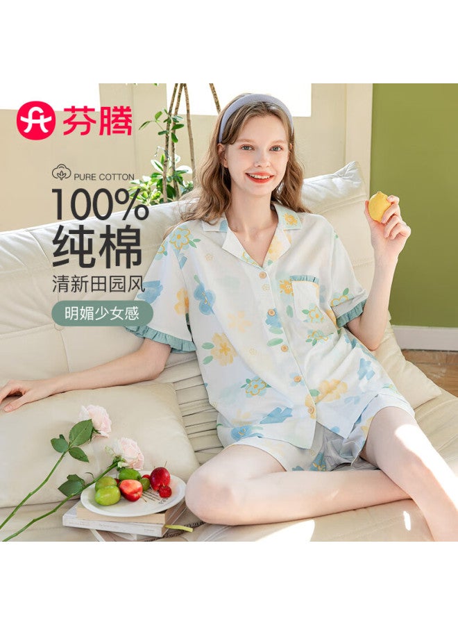 Fenton Fenteng Women's Cotton Short Sleeve Shorts Printed Thin Summer Pajamas Home Wear Set - Image 1